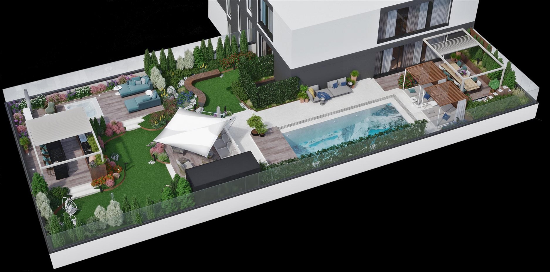Rooftop terrace concept by 2 DECO Studio — pool, jacuzzi, pergola dining and gardens